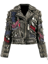 Women's Studded Leather Jacket | Gothic Punk Style | Solid Metal Studs | Customizable Patches | Belted Fashion Jacket for a Unique Look